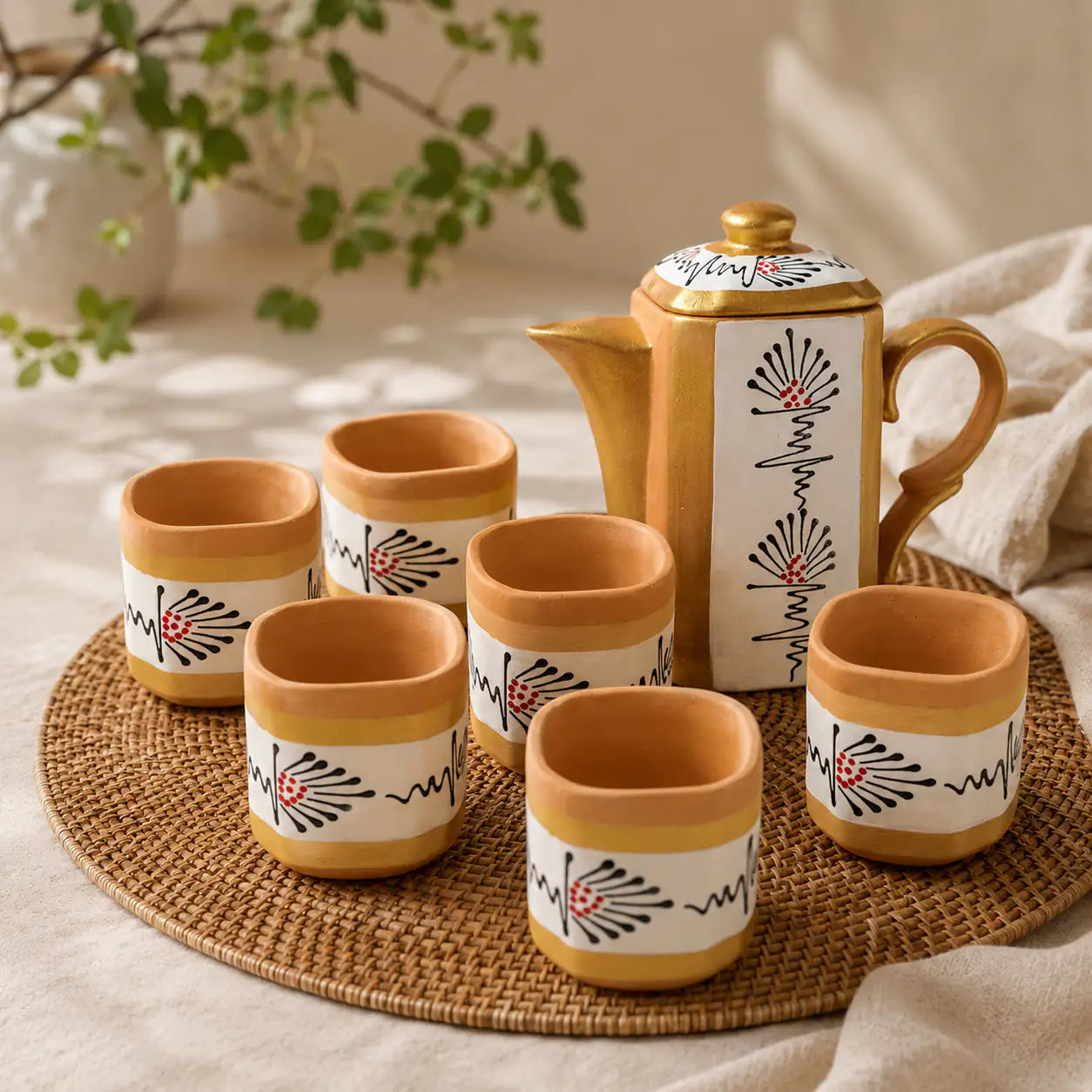 Terrapura white handpainted terracotta tea pot set with six cups and gold accents