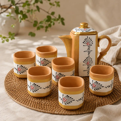 Terrapura white handpainted terracotta tea pot set with six cups and gold accents
