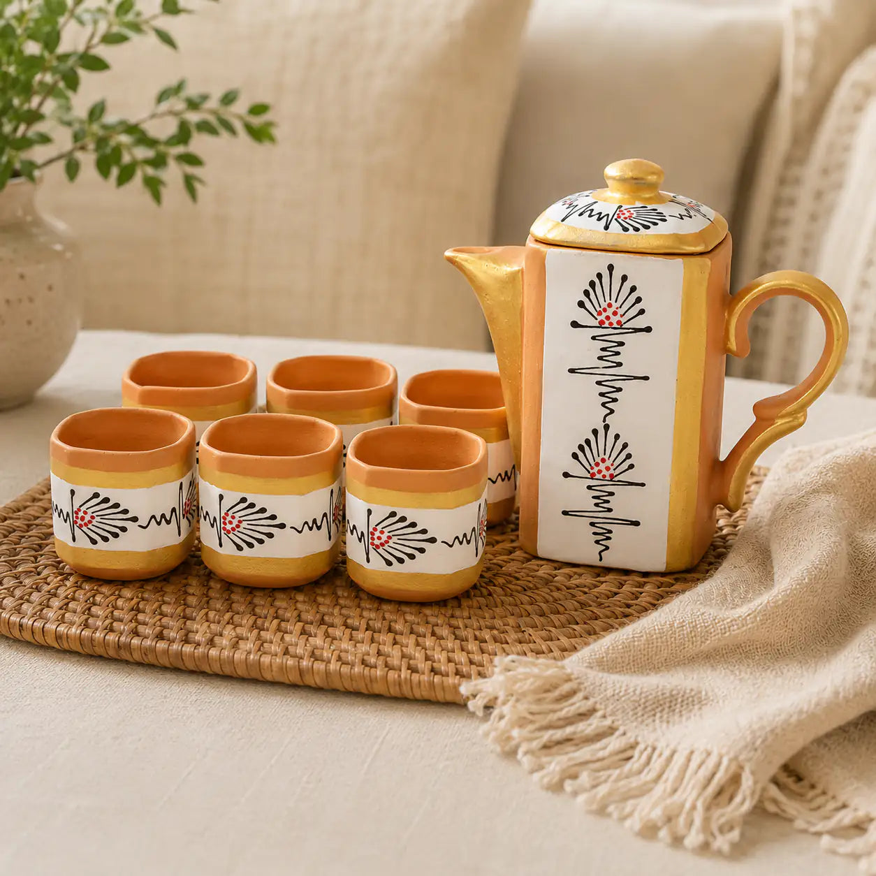 Terrapura white handpainted terracotta tea pot set with six cups and gold accents