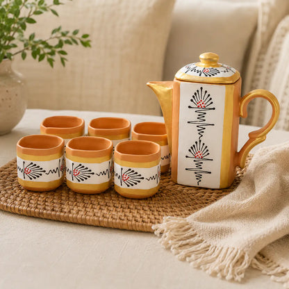 Terrapura white handpainted terracotta tea pot set with six cups and gold accents