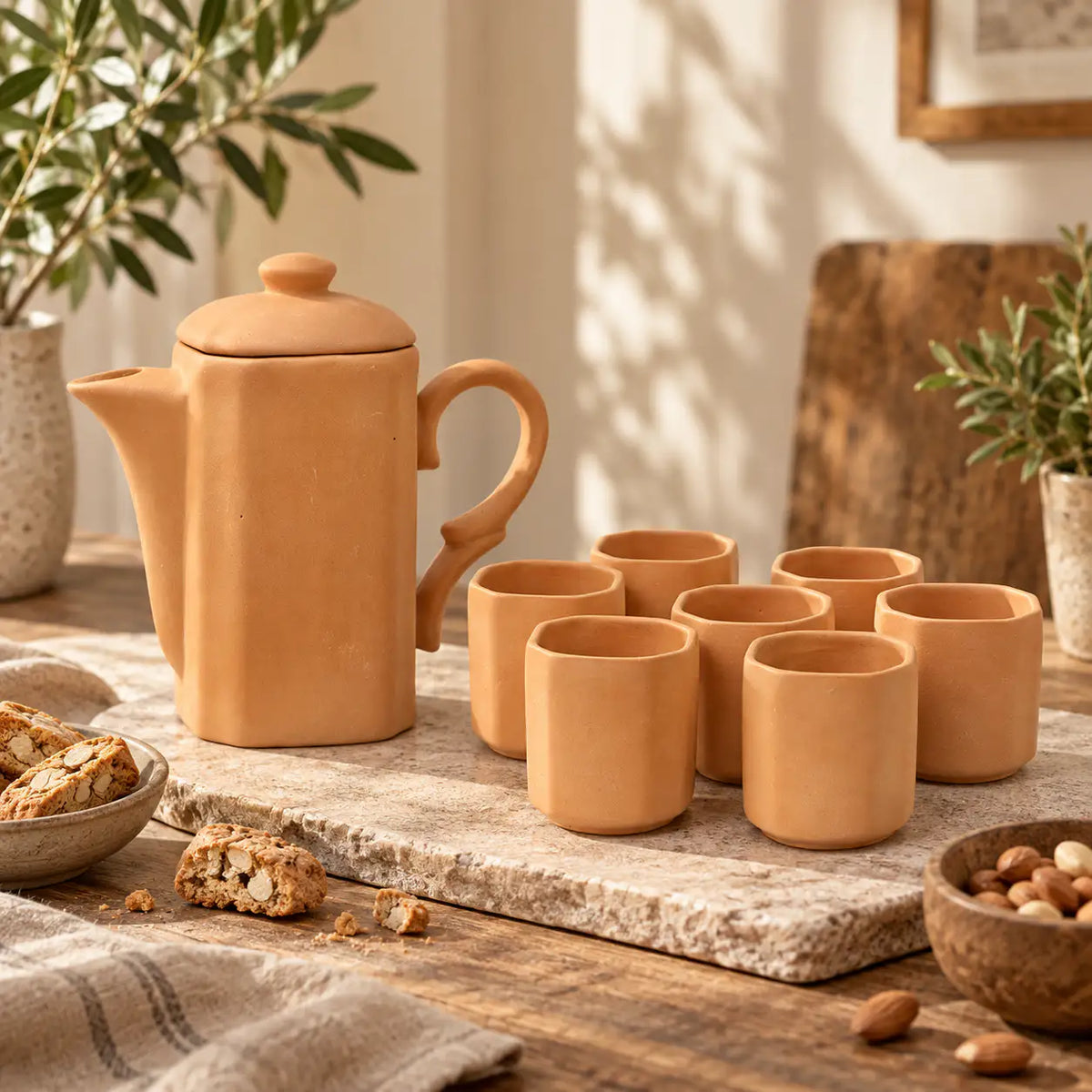 Terrapura clay jug and six terracotta glasses for water serving