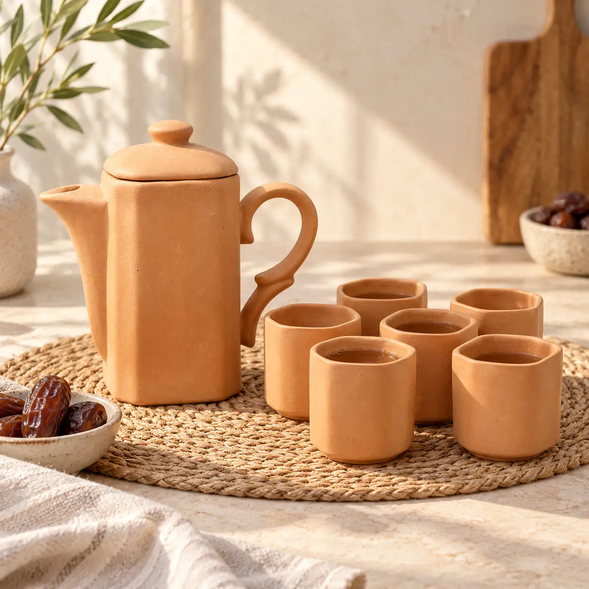 Terrapura clay jug and six terracotta glasses for water serving