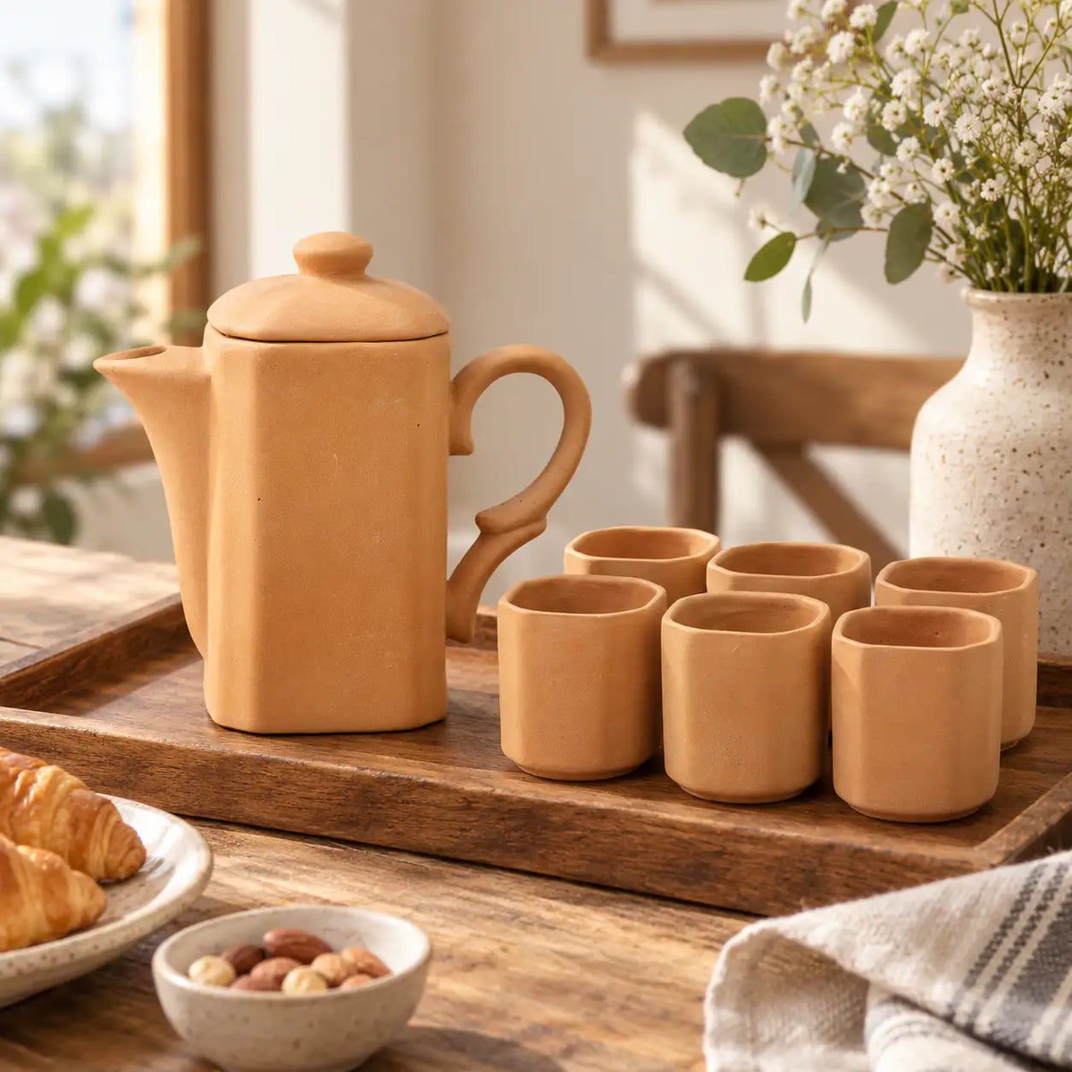 Terrapura terracotta drinkware set with 700 ml jug and 6 glasses