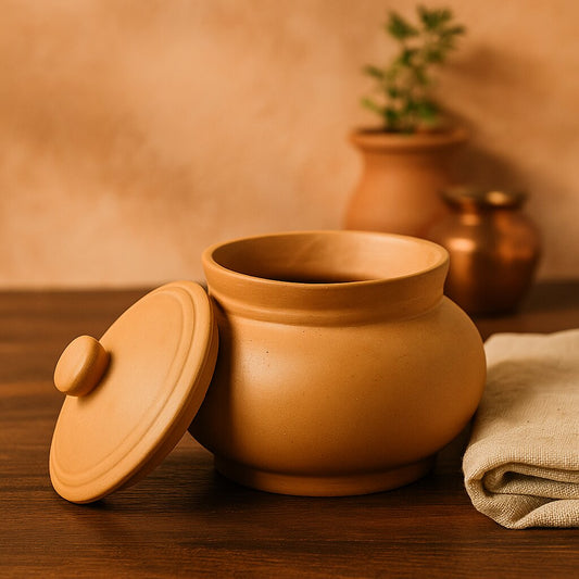 Terracotta pot with lid on a wooden surface with a warm background