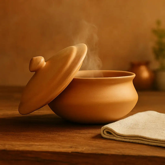 Terracotta Biryani Handi with steam rising from it on a wooden surface.
