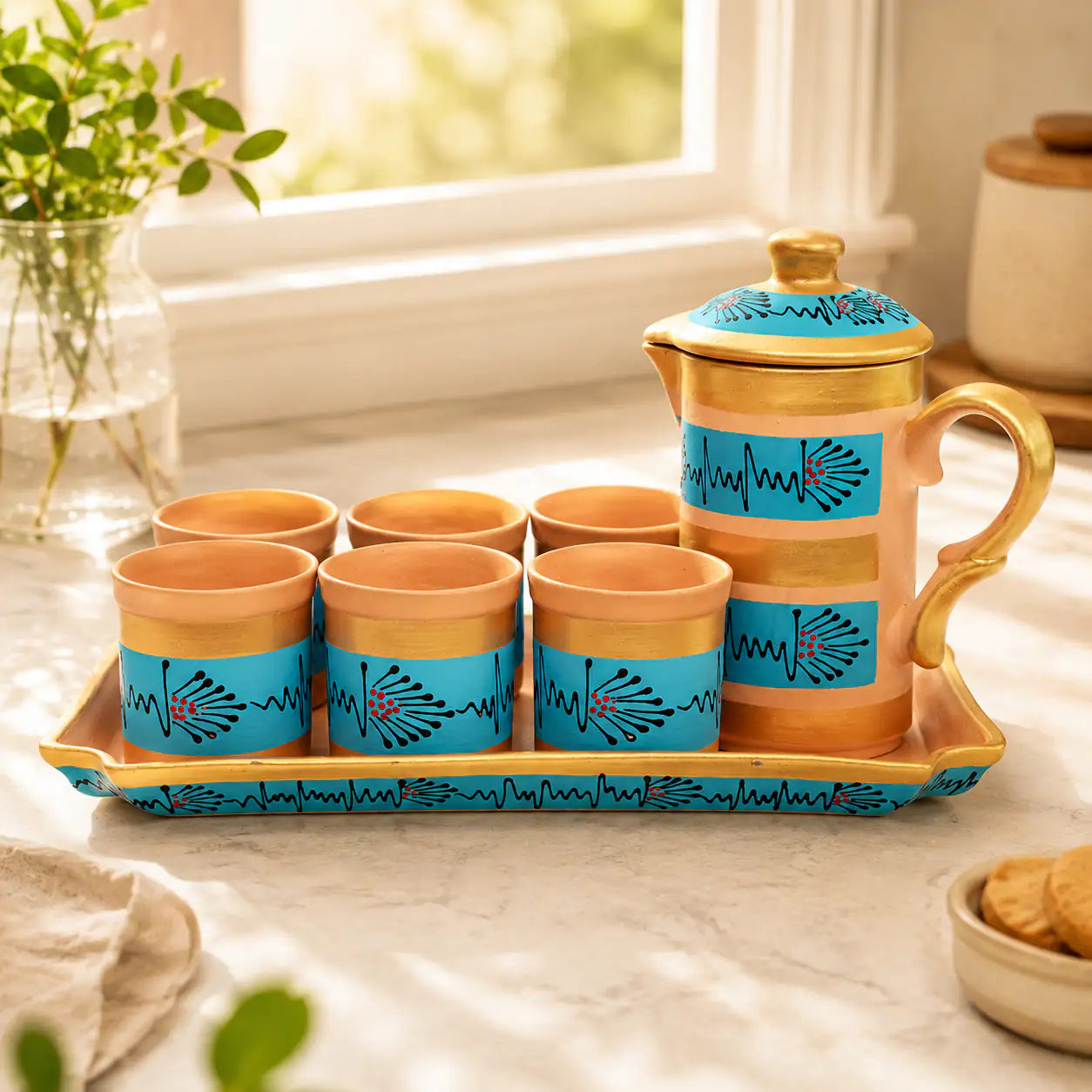 Blue terracotta pitcher set with matching cups and serving tray