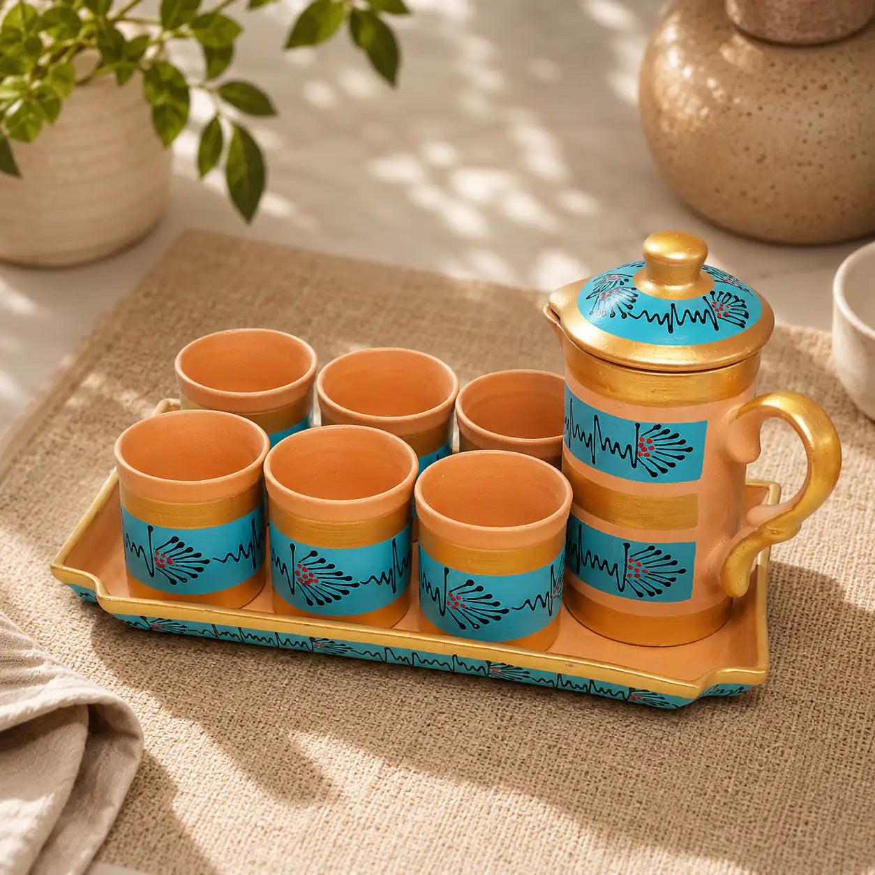 Terracotta tea set with cups and teapot on a tray, placed on a textured surface with a plant in the background.