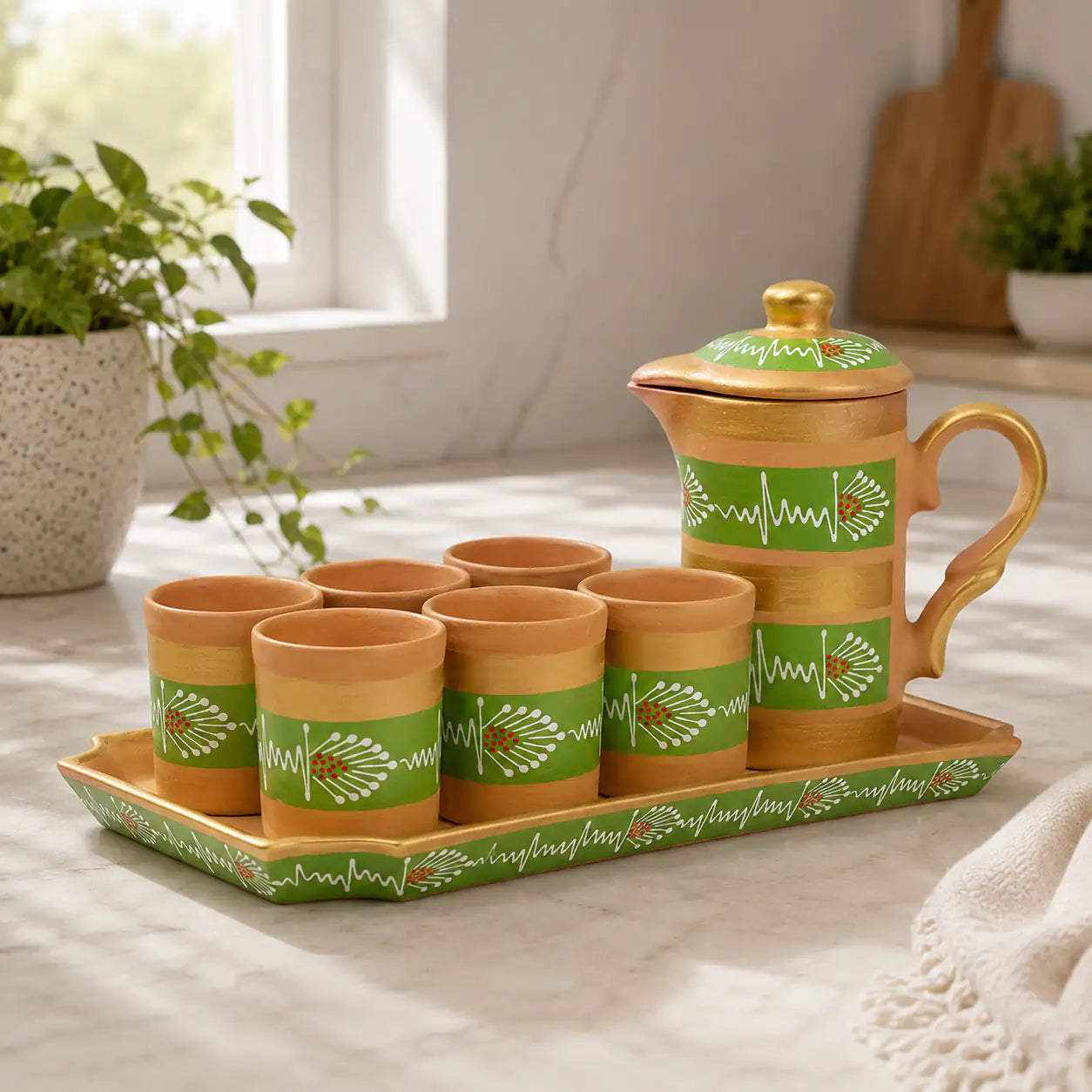 Green hand-painted terracotta pitcher set with 6 cups and tray