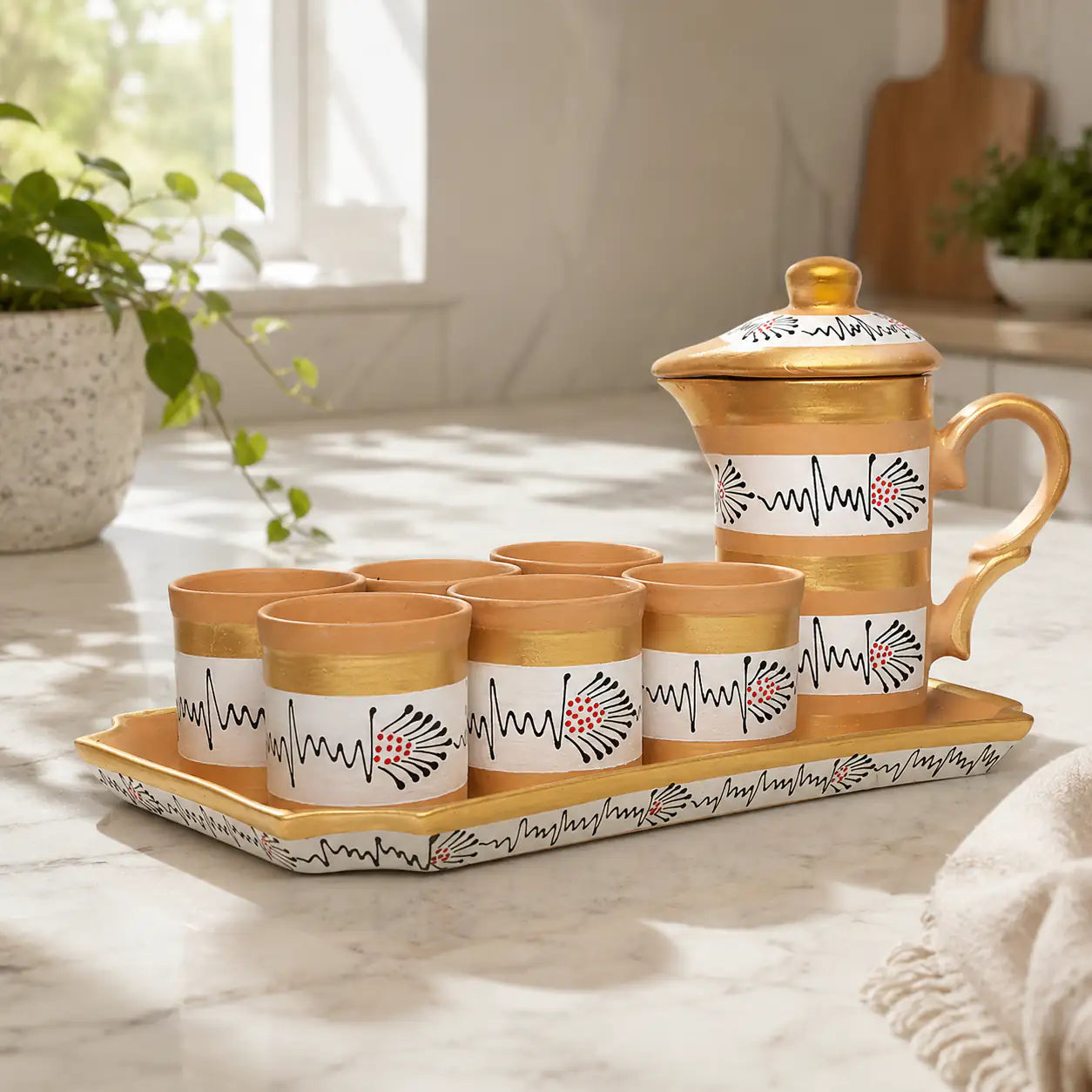 White terracotta pitcher set with 6 cups for festive serving