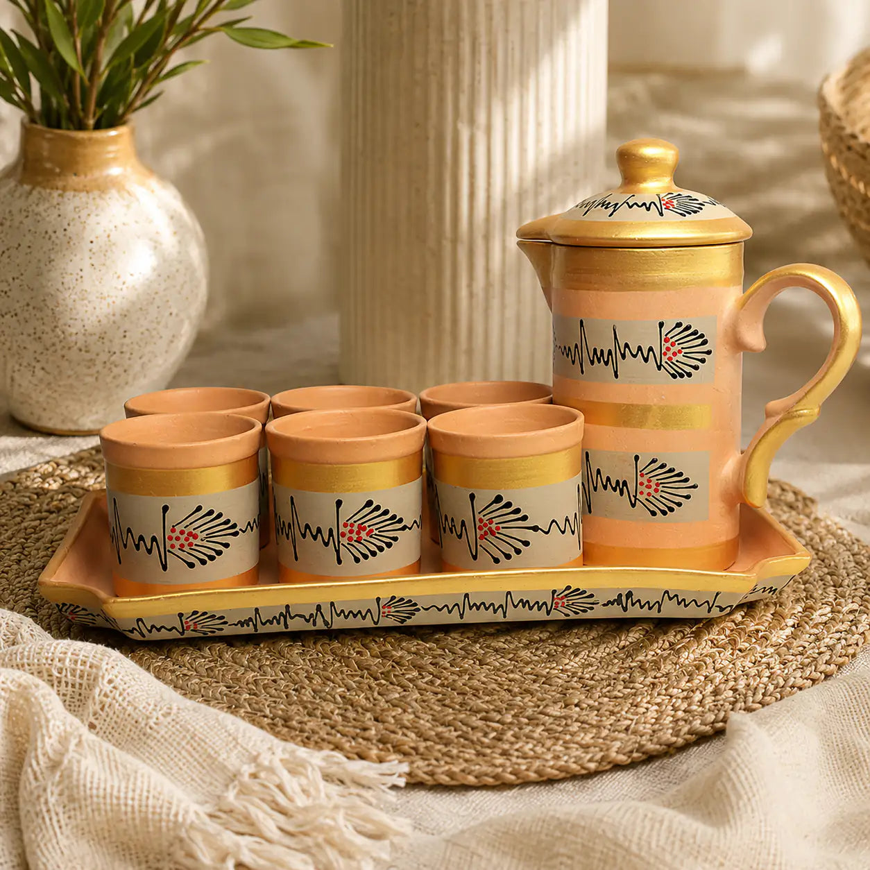 Clay teapot set with cups on a tray, featuring decorative patterns, on a textured surface.