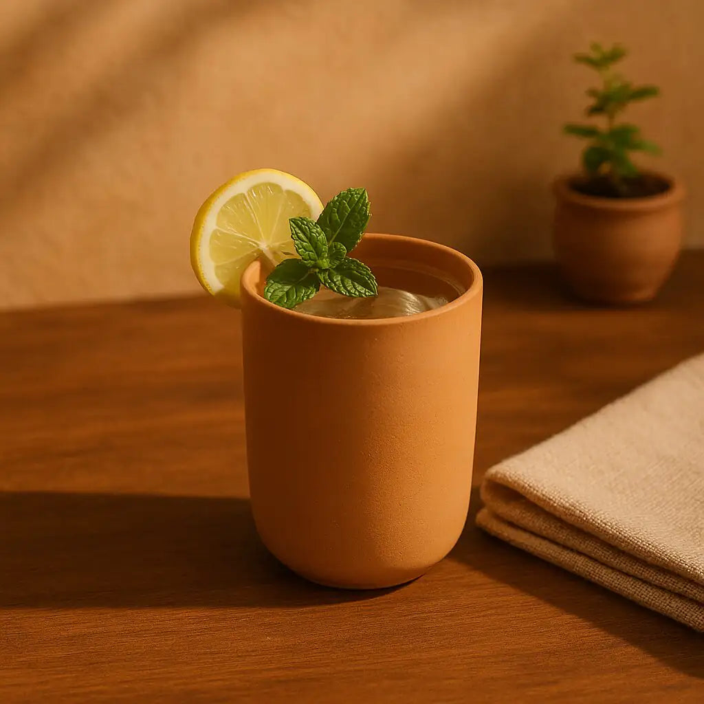 Terracotta cup with lemon and mint on a wooden table with a warm background