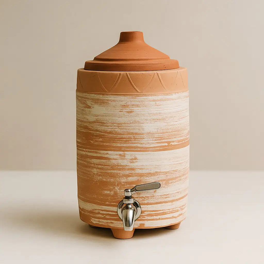 Terracotta Water Pot with a Stainless Steel faucet on a beige background