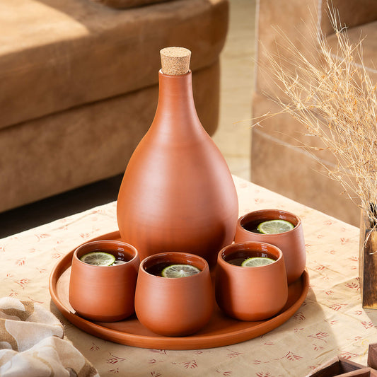 Layali Terracotta Water Set (6-Piece) – Bottle with Cork + 4 Cups + Serving Tray