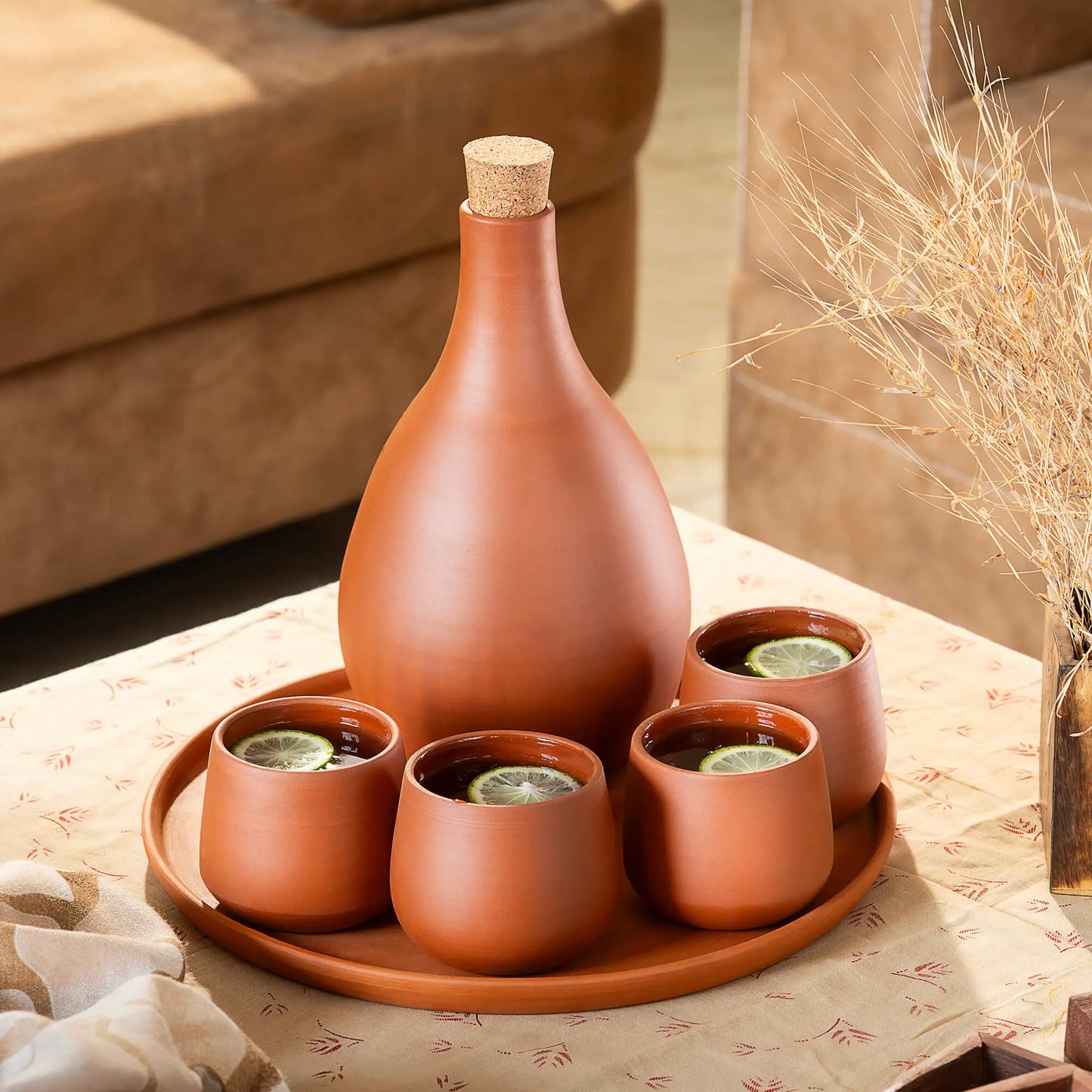 Layali Terracotta Water Set (6-Piece) – Bottle with Cork + 4 Cups + Serving Tray