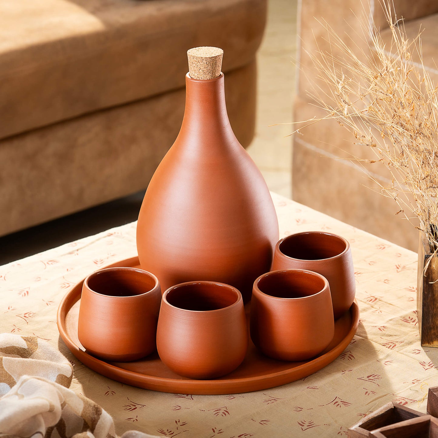 Layali Terracotta Water Set (6-Piece) – Bottle with Cork + 4 Cups + Serving Tray