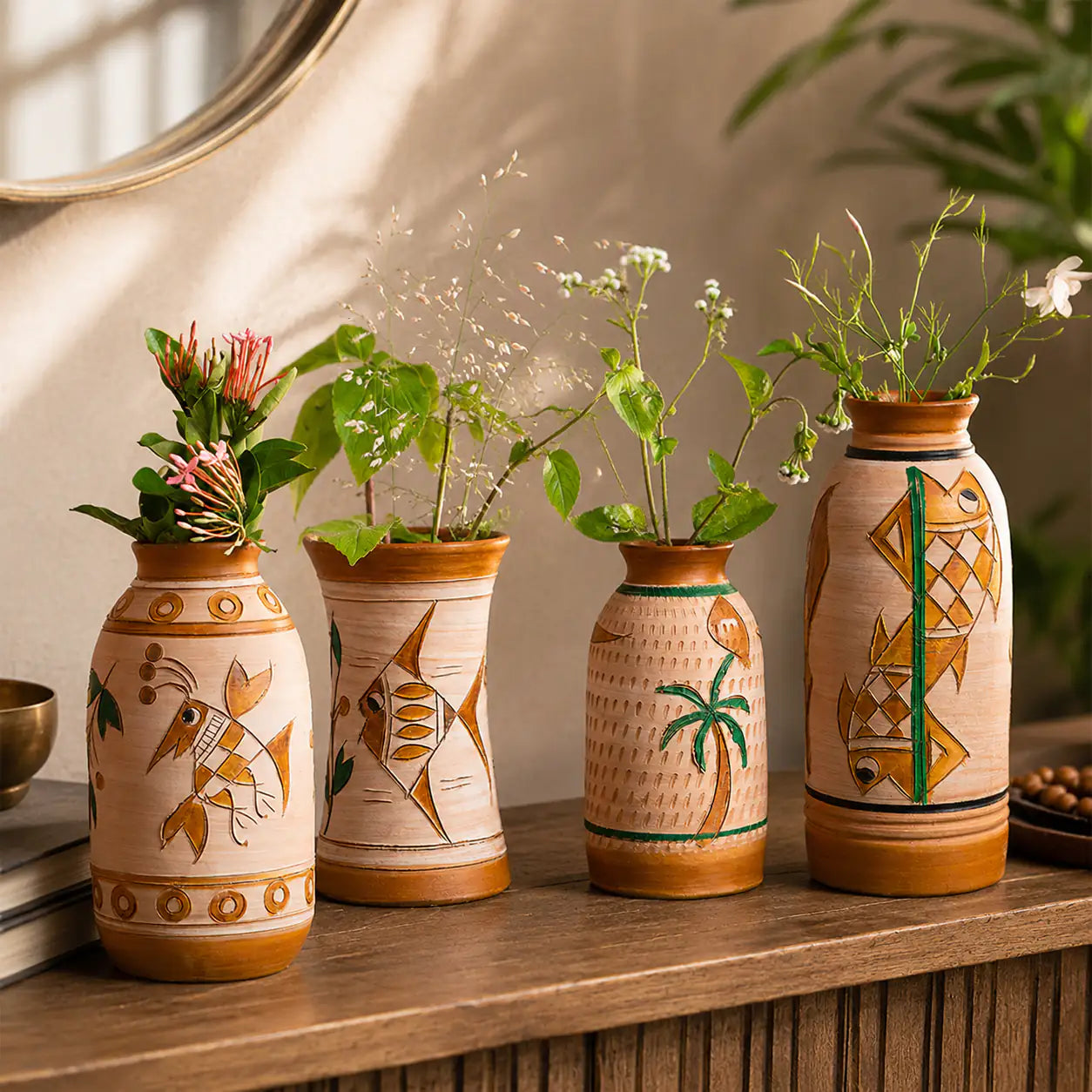 ClayNest Bloom Vase Set of 4 handmade terracotta decorative vases styled with flowers on a rustic wooden table