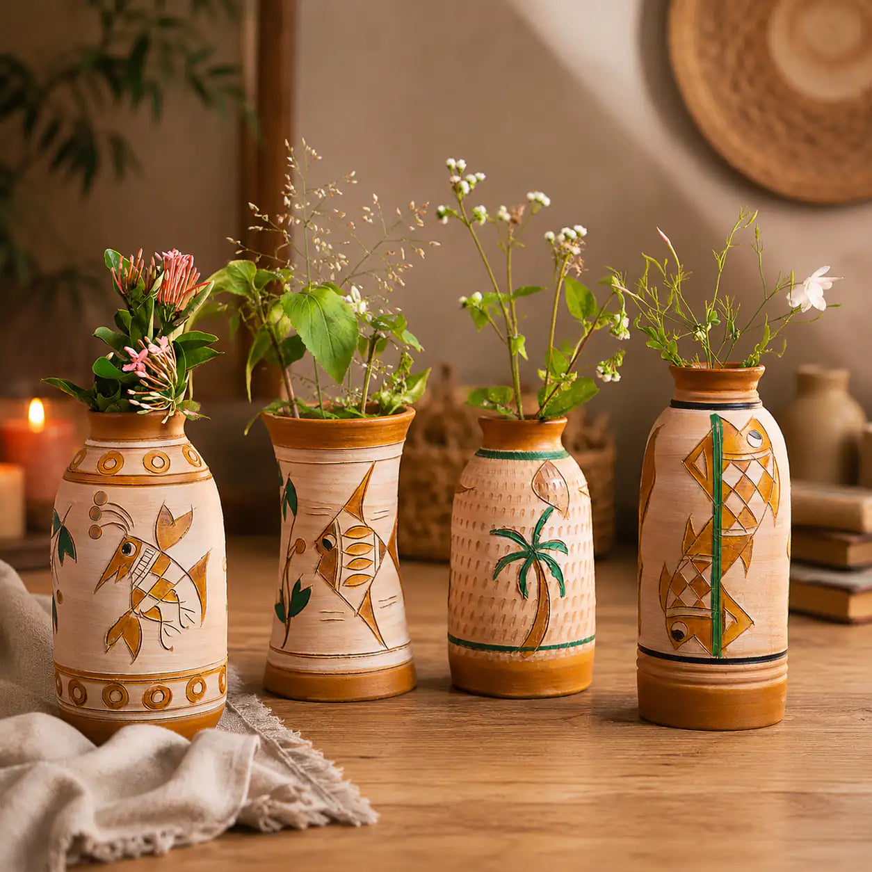 Set of 4 handmade terracotta vases from ClayNest collection styled on a wooden console with greenery and natural light