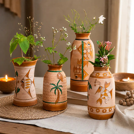 ClayNest handmade terracotta vase bundle styled as warm bohemian home décor with flowers and candles